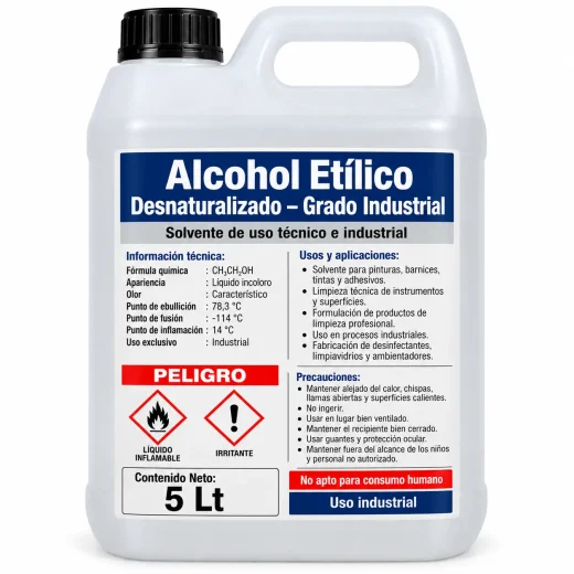 Alcohol Etílico Desnaturalizado 5L – Grado Industrial