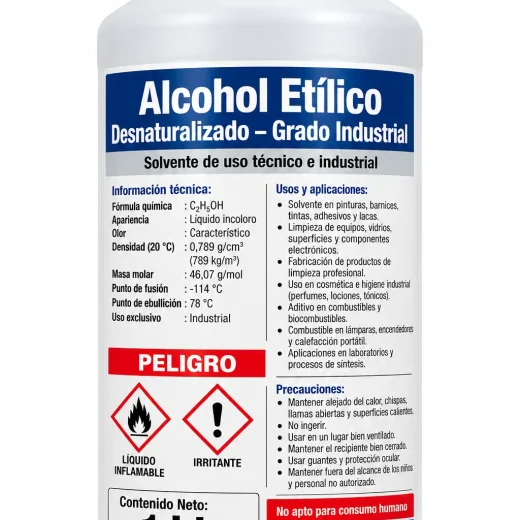 Alcohol Etílico Desnaturalizado – Grado Industrial 1Lt